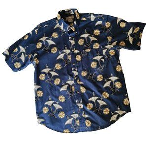 Natural Issue Hawaiian Shirt M Navy Blue Beverages Martini Citrus WRINKLE FREE